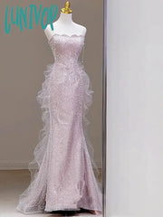 Lunivop Pink Shiny Strapless Celebrity Dresses Bead Sleeveless Off Shoulder Tulle Elegant Light