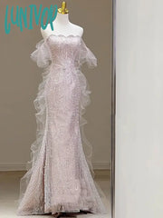 Lunivop Pink Shiny Strapless Celebrity Dresses Bead Sleeveless Off Shoulder Tulle Elegant Light