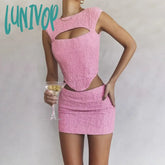 Lunivop Pink Sleeveless 2 Piece Dress Set Sexy Cut Out Holiday Party Dresses Casual Cropped Top And