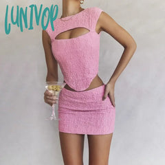Lunivop Pink Sleeveless 2 Piece Dress Set Sexy Cut Out Holiday Party Dresses Casual Cropped Top And
