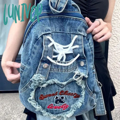Lunivop Pink Y2K Womens Backpack Denim Fashion Cute Large Capacity Vintage Letter Embroidery