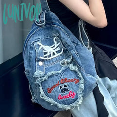 Lunivop Pink Y2K Womens Backpack Denim Fashion Cute Large Capacity Vintage Letter Embroidery