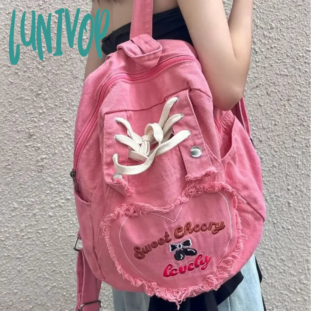 Lunivop Pink Y2K Womens Backpack Denim Fashion Cute Large Capacity Vintage Letter Embroidery