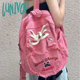Lunivop Pink Y2K Womens Backpack Denim Fashion Cute Large Capacity Vintage Letter Embroidery