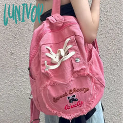 Lunivop Pink Y2K Womens Backpack Denim Fashion Cute Large Capacity Vintage Letter Embroidery