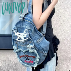 Lunivop Pink Y2K Womens Backpack Denim Fashion Cute Large Capacity Vintage Letter Embroidery