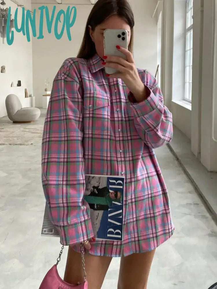 Lunivop Plaid Blouse Women Pink Retro Casual Loose Long Sleeve Womens Tops Autumn Trun Down Fashion