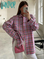 Lunivop Plaid Blouse Women Pink Retro Casual Loose Long Sleeve Womens Tops Autumn Trun Down Fashion