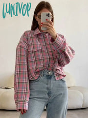 Lunivop Plaid Blouse Women Pink Retro Casual Loose Long Sleeve Womens Tops Autumn Trun Down Fashion