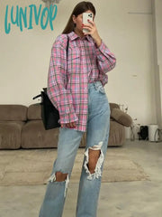 Lunivop Plaid Blouse Women Pink Retro Casual Loose Long Sleeve Womens Tops Autumn Trun Down Fashion