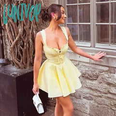 Lunivop Plunge Lace Up Sexy Mini Dress Women’s Sleeveless Fashion Retro Splice Folds Slim Black