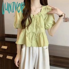 Lunivop Plus Size Blouses For Women Square Collar Puff Sleeve Solid Color Lace Up Design Shirts