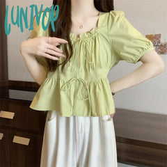 Lunivop Plus Size Blouses For Women Square Collar Puff Sleeve Solid Color Lace Up Design Shirts