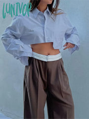 Lunivop Pocket Patchwork Cropped Shirts For Women 2024 New Spring Summer Chic Long Sleeve Button