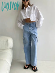 Lunivop Pocket Patchwork Cropped Shirts For Women 2024 New Spring Summer Chic Long Sleeve Button