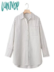 Lunivop Pocket Striped Blouses Women 2024 Spring New Chic Long Sleeve Lapel Collar Button Up Blouse