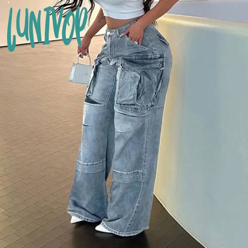 Lunivop Pockets High Waisted Jeans Woman Autumn Winter Baggy Blue Cargo Pants Women’s Casual