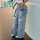 Lunivop Pockets High Waisted Jeans Woman Autumn Winter Baggy Blue Cargo Pants Women’s Casual