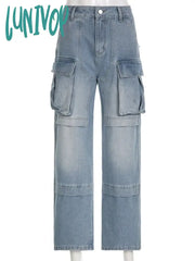Lunivop Pockets High Waisted Jeans Woman Autumn Winter Baggy Blue Cargo Pants Women’s Casual