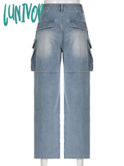 Lunivop Pockets High Waisted Jeans Woman Autumn Winter Baggy Blue Cargo Pants Women’s Casual