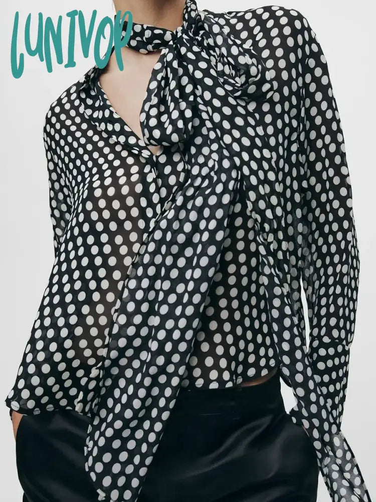 Lunivop Polka Dot Blouses For Women 2024 Spring New Fashion Long Sleeve Bow Collar Pullover Blouse