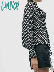 Lunivop Polka Dot Blouses For Women 2024 Spring New Fashion Long Sleeve Bow Collar Pullover Blouse