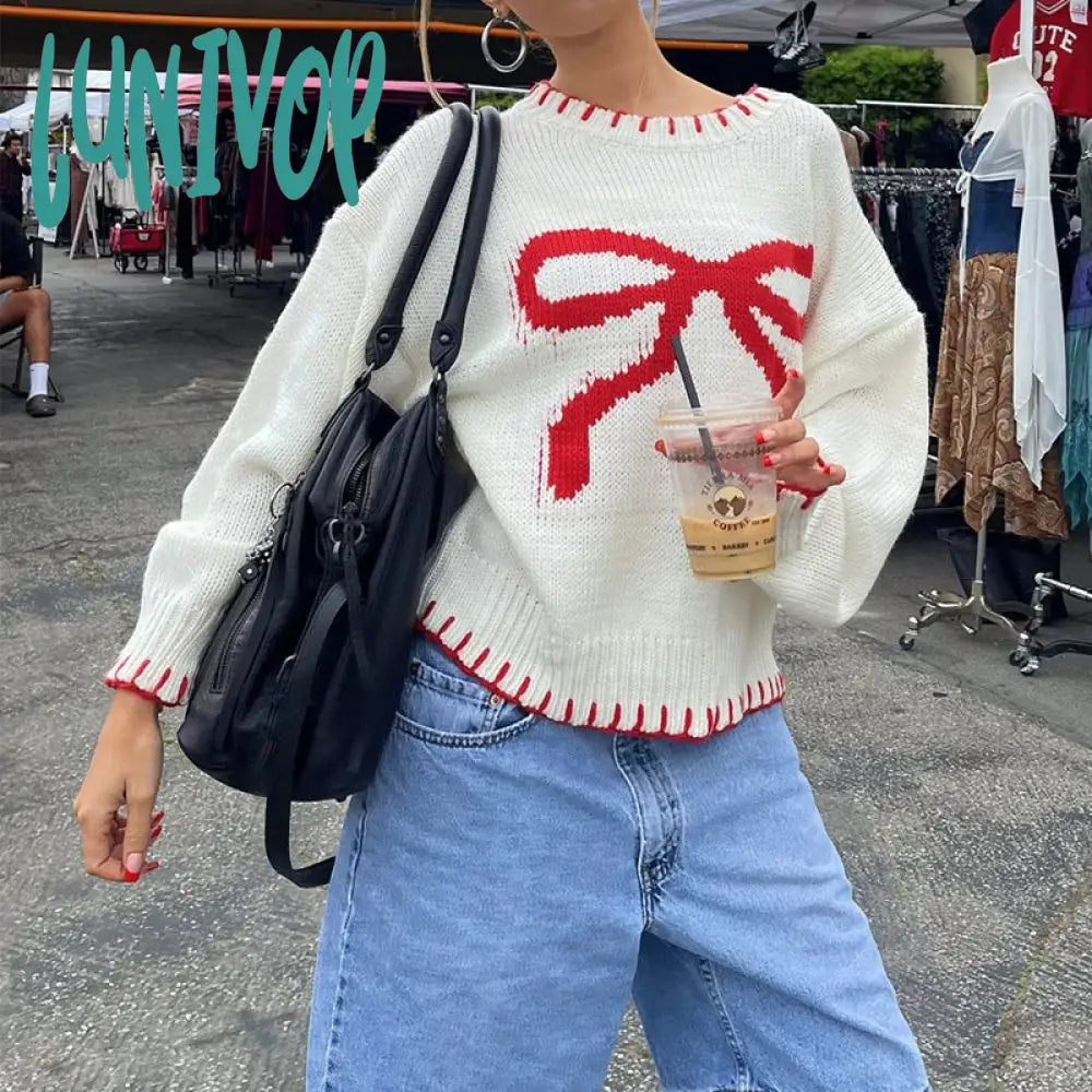 Lunivop Preppy Cute Y2K Aesthetic Grunge Knitwear Bowknot Patterm Loose Fit Knitted Sweater Autumn