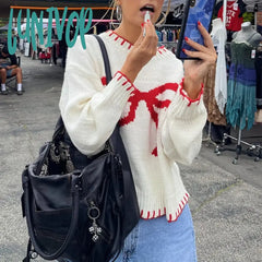 Lunivop Preppy Cute Y2K Aesthetic Grunge Knitwear Bowknot Patterm Loose Fit Knitted Sweater Autumn