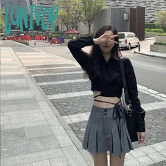 Lunivop Preppy Pleated Mini Skirts Korean High Waist A Line Student Summer College Sweet Button