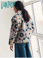 Lunivop Print Flower Quilted Patchwork Women Cotton Coat Long Sleeve Open Front Two In One Crop Top