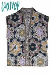 Lunivop Print Flower Quilted Patchwork Women Cotton Coat Long Sleeve Open Front Two In One Crop Top