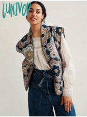 Lunivop Print Flower Quilted Patchwork Women Cotton Coat Long Sleeve Open Front Two In One Crop Top