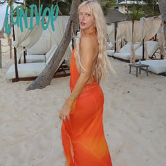 Lunivop Print Ruffles Sexy Low Cut Beach Maxi Dress Summer Women Halter Neck Backless Bodycon Long