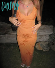 Lunivop Print V-Neck Sleeveless Maxi Dress For Women Summer Backless Bodycon Dresses 2024 New Lady