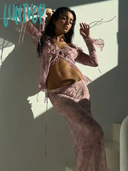 Lunivop Print Y2K Mesh Long Sleeve Top Shirts Green And Maxi Skirt Bodycon Sexy Two Piece Sets