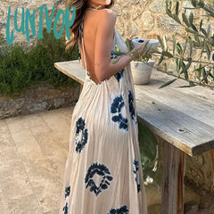 Lunivop Printed Night Dress Beach Women Sexy Backless Sleeveless Reched Female Vacation Dresses