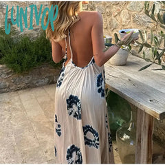 Lunivop Printed Night Dress Beach Women Sexy Backless Sleeveless Reched Female Vacation Dresses