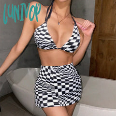 Lunivop Printed Plaid Split Two-Piece Bikini Three-Piece Women’s Swimsuit Sexy Three-Point T-Back