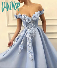 Lunivop Private Custom Elegant Blue Women’s Evening Dress With 3D Flowers Off-Shoulder Pearl Fold