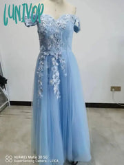 Lunivop Private Custom Elegant Blue Women’s Evening Dress With 3D Flowers Off-Shoulder Pearl Fold