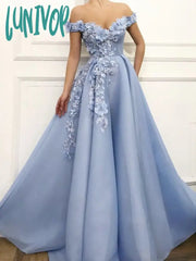 Lunivop Private Custom Elegant Blue Women’s Evening Dress With 3D Flowers Off-Shoulder Pearl Fold