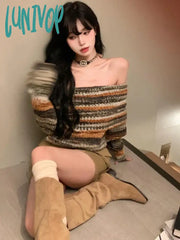 Lunivop Ptown Y2K Vintage Striped Cropped Sweater Women Harajuku Hip Hop Slim Knitted Jumper Sweet