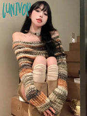 Lunivop Ptown Y2K Vintage Striped Cropped Sweater Women Harajuku Hip Hop Slim Knitted Jumper Sweet