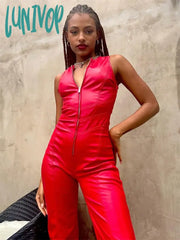 Lunivop Pu Leather Backless Jumpsuit Women Casual Wide Leg Overalls For Skinny Streetwear Hot Faux