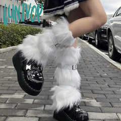 Lunivop Pu Leather Buckle Leg Warmer Winter Warm Plush Cover Mid Sleeve Jk Calf Socks Imitation Fur