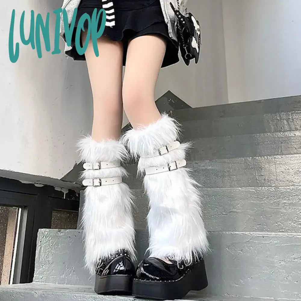 Lunivop Pu Leather Buckle Leg Warmer Winter Warm Plush Cover Mid Sleeve Jk Calf Socks Imitation Fur