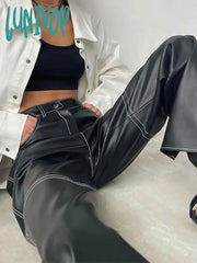 Lunivop Pu Leather Straight Pants Black High Waist Fashion Vintage Long Pant For Women Autumn Style