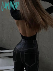 Lunivop Pu Leather Straight Pants Black High Waist Fashion Vintage Long Pant For Women Autumn Style