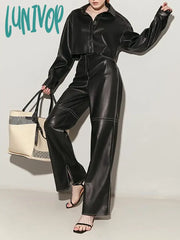 Lunivop Pu Leather Straight Pants Black High Waist Fashion Vintage Long Pant For Women Autumn Style