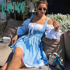 Lunivop Puff Sleeve Suspender Dress Women Fake Two Pieces Flower Strapless Ruffles Splice Long Lace